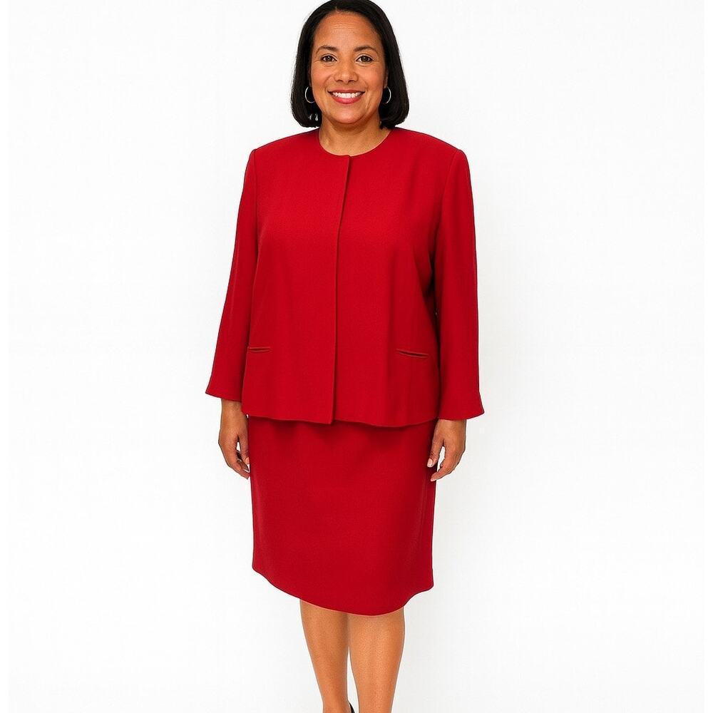 Oscar de la Renta Size 16W Red Wool Blend 2PC Dress‎